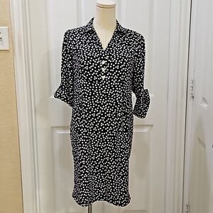 Black and White Button Down Polka Dot Cuff Sleeved Pleated Dress